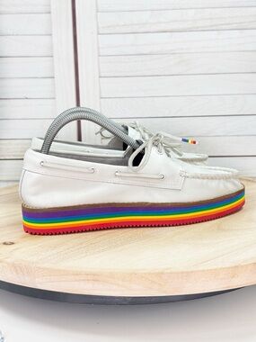 Sperry Authentic Original Pride Leather Boat Shoes White Rainbow Womens 8.5